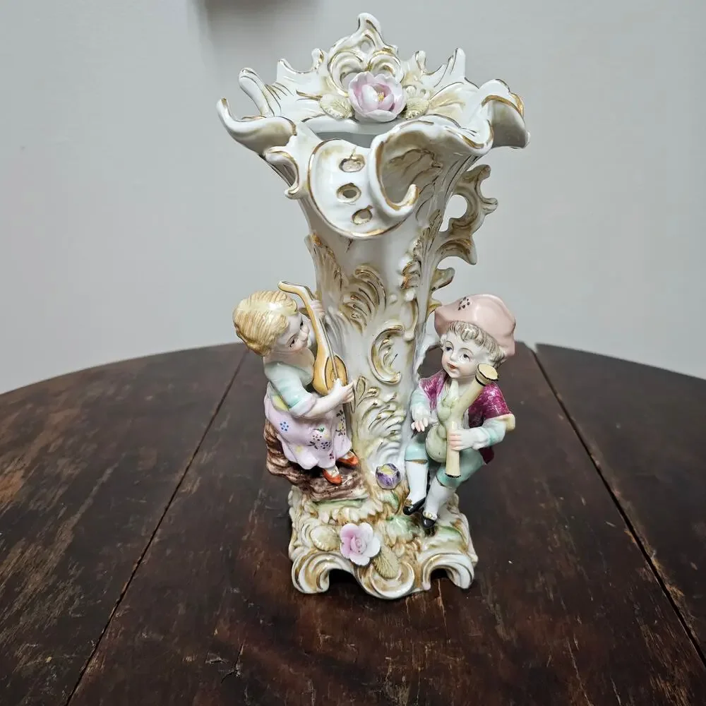 Vintage Japan UCAGCO Victorian Boy & Girl Playing Instruments Vase